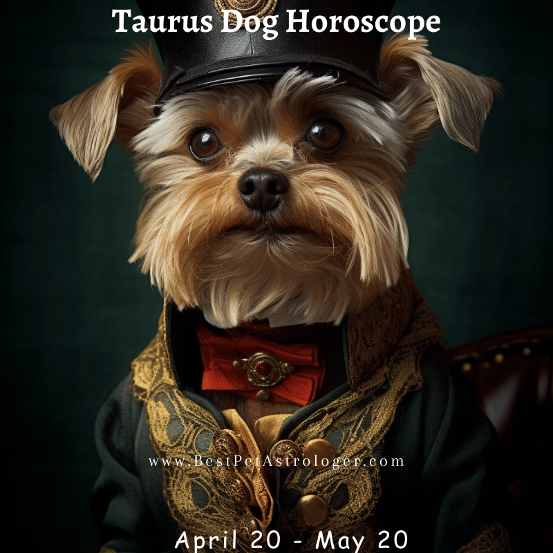 Taurus dog horoscope – a well-dressed, elegant dog in English formal wear, symbolizing Taurus' love for luxury and sophistication.