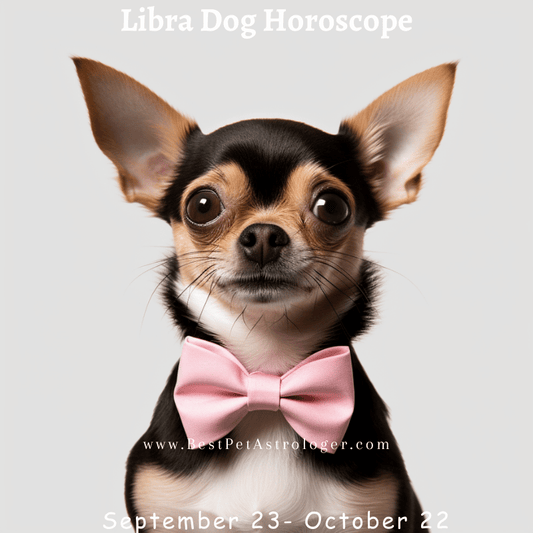 Libra dog horoscope – a charming and stylish dog wearing a pink bow tie, symbolizing Libra’s elegance and balance