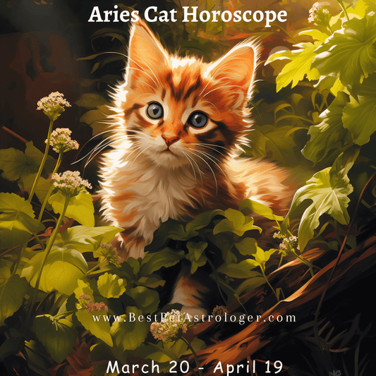 Aries cat horoscope – bold cat sitting in a lush green field, symbolizing Aries' energetic and fearless spirit