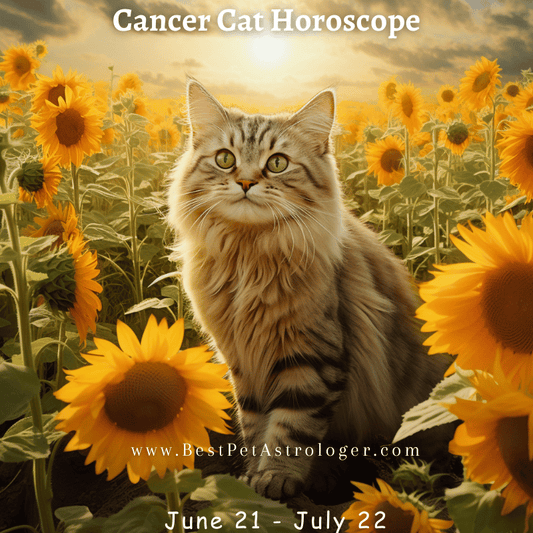 Cancer horoscope cat sitting in the warm sunlight, surrounded by vibrant sunflowers, radiating a nurturing and serene energy
