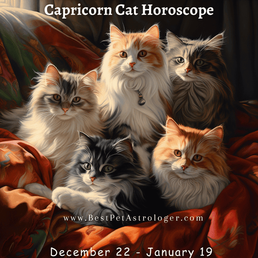 Five cats sitting in a cozy, representing the Capricorn zodiac sign with a vintage and nostalgic atmosphere